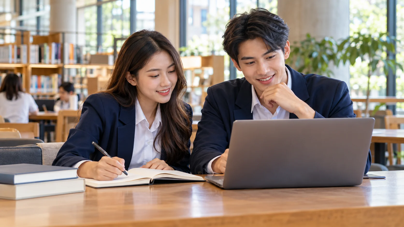 University students planning their studies together in a library