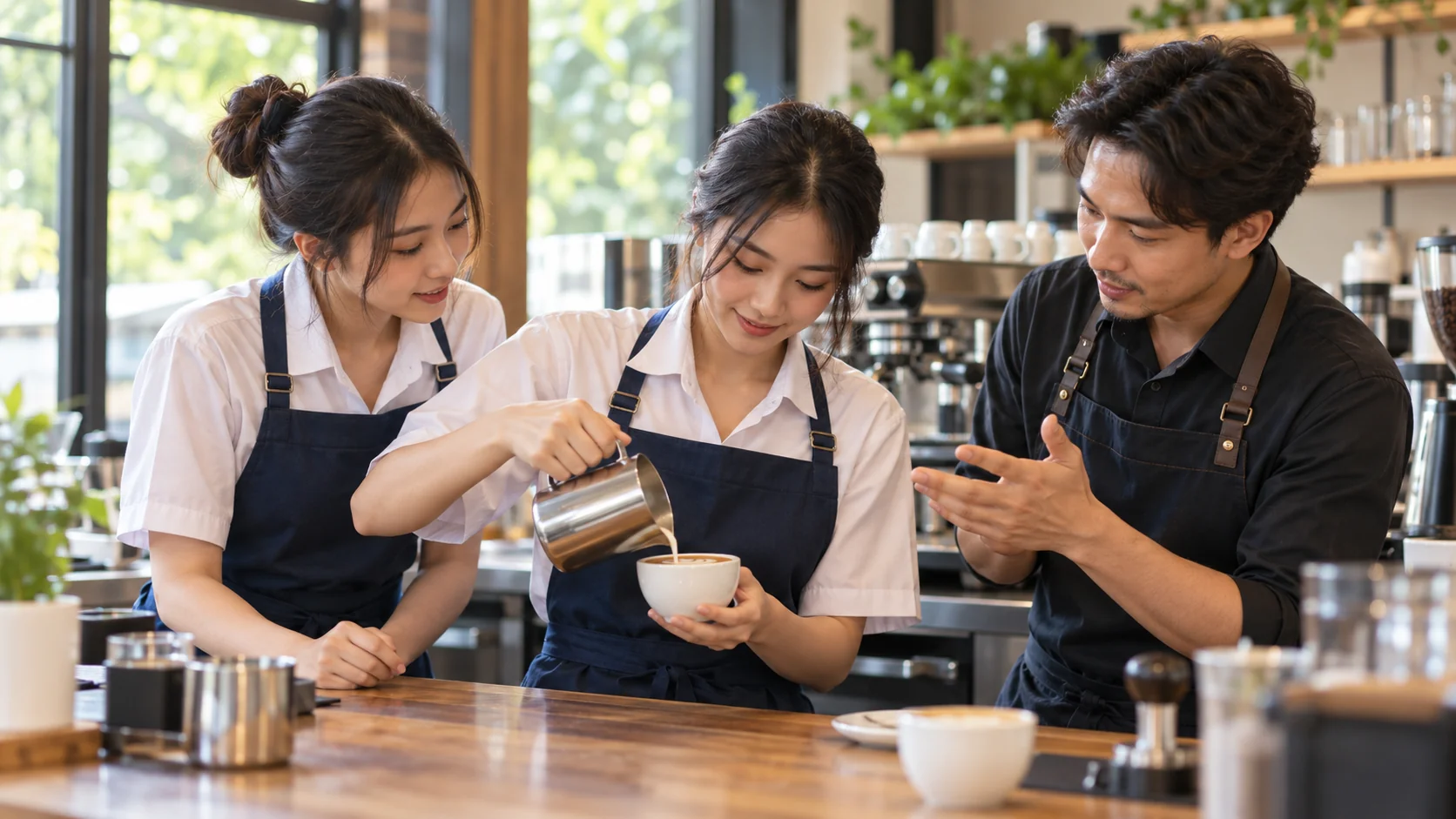 Students practicing barista skills in a hospitality workshop