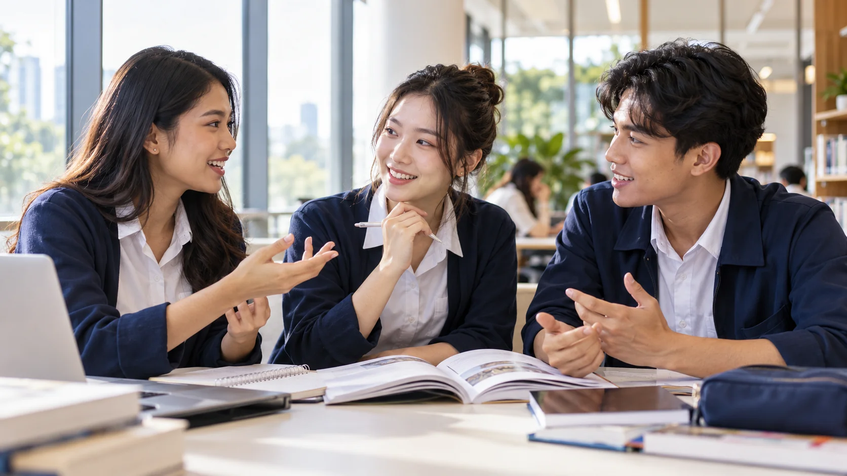 University students practicing a foreign-language conversation